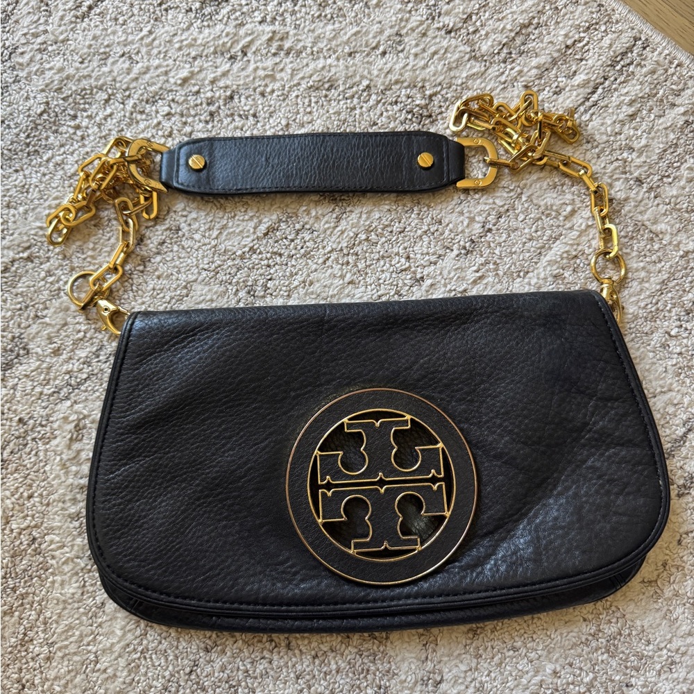 Tory Burch Black Leather Crossbody Bag with Gold Chain